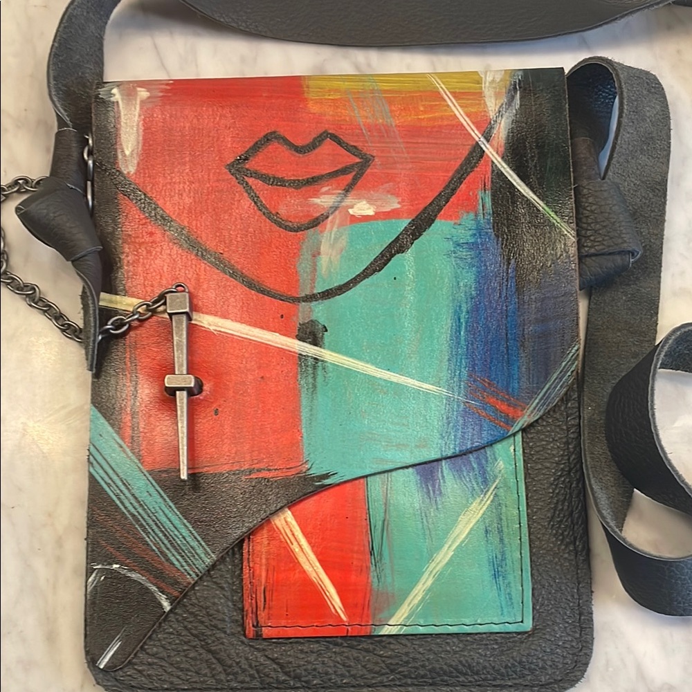 Red and Blue Artistic Painted Leather Crossbody Bag long Strap renaissance